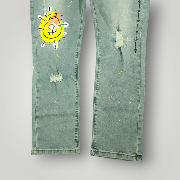 M Society Jeans 42x32 Mens Skinny Distressed Painted Art to Wear Light Mud Wash - Picture 9 of 13